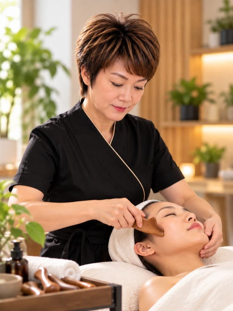 Facial meridian care with wooden gua sha